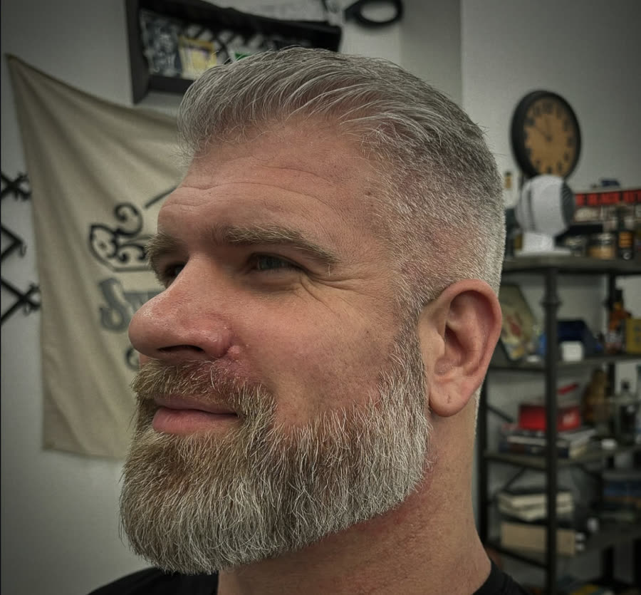 A grey beard trim and tapered cut at Strange Times, a Summerlin barbershop in Las Vegas